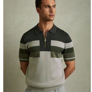 NWOT Men's Reiss Knitted Colorblock Half-Zip Polo Shirt in Green